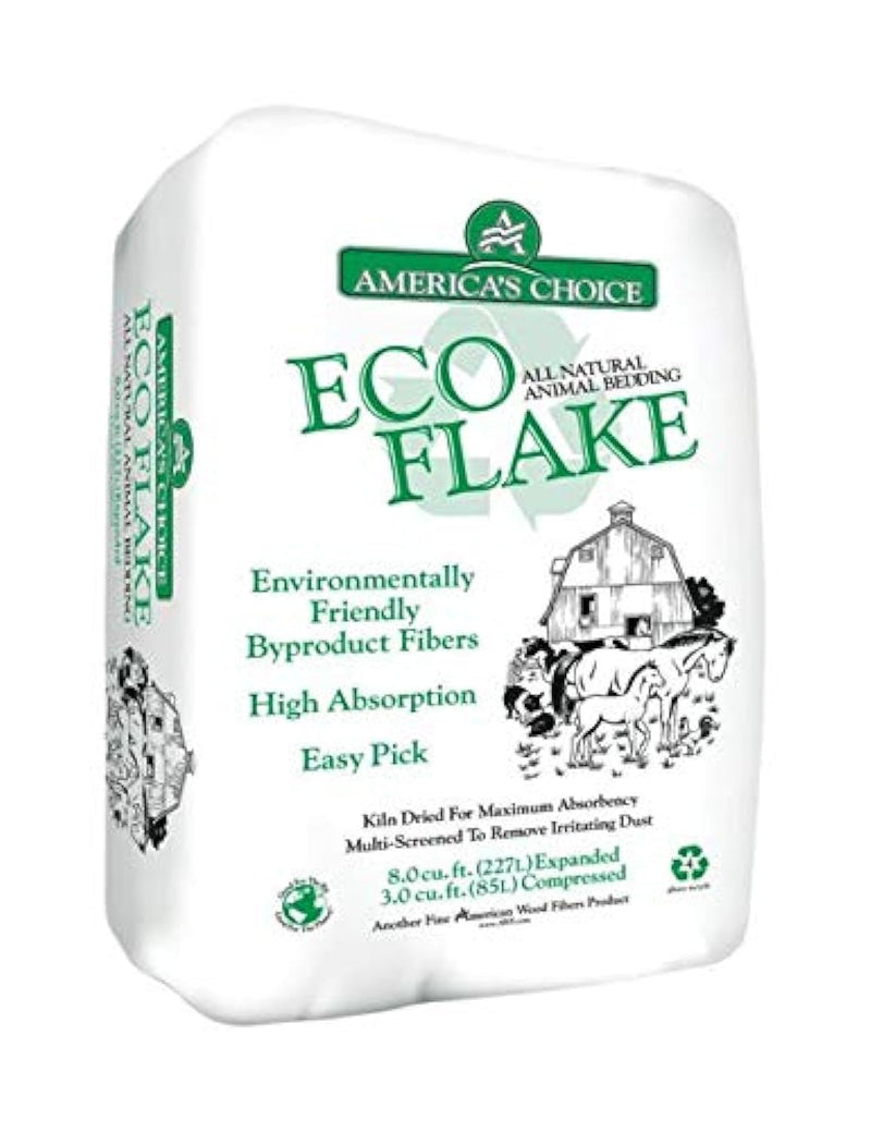 White package of America's Choice Eco Flake animal bedding with green text and farm illustration