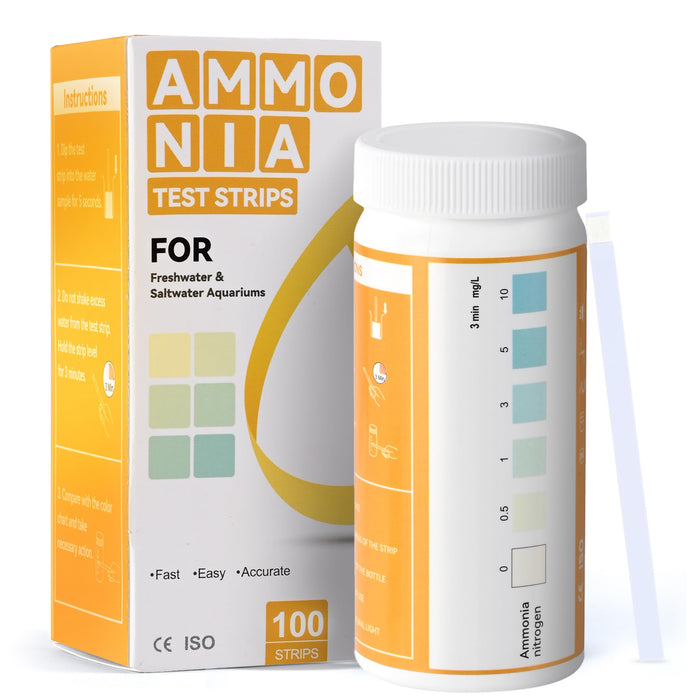 Orange and white ammonia test strips package with bottle showing color chart for aquarium testing
