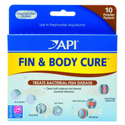 API Fin & Body Cure fish treatment package showing 10 powder packets for bacterial infections