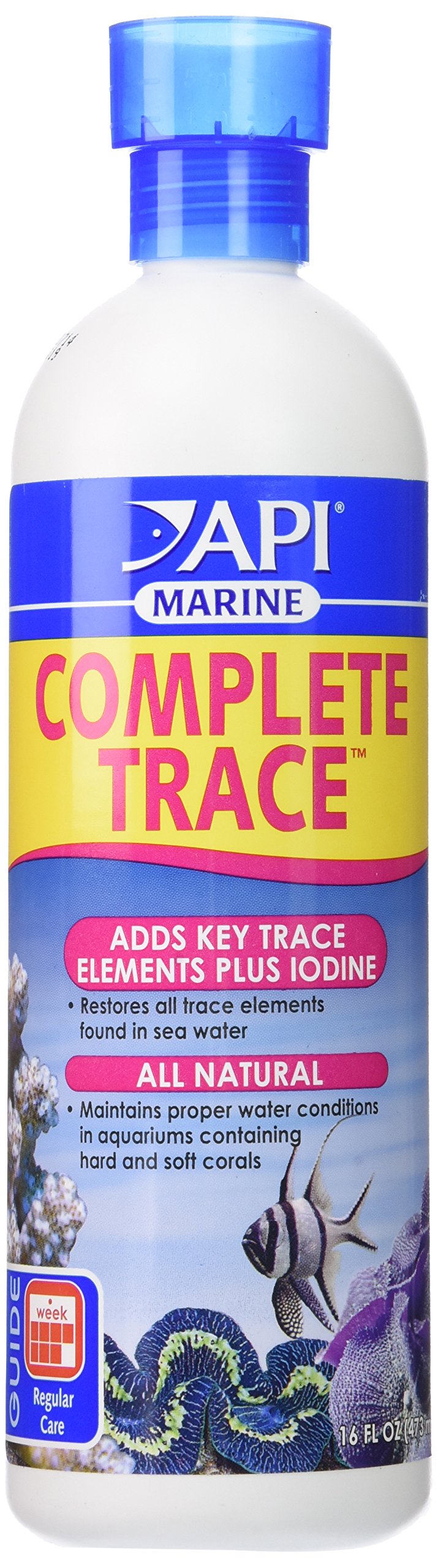 API Marine Complete Trace bottle with blue cap and coral reef aquarium scene on white background