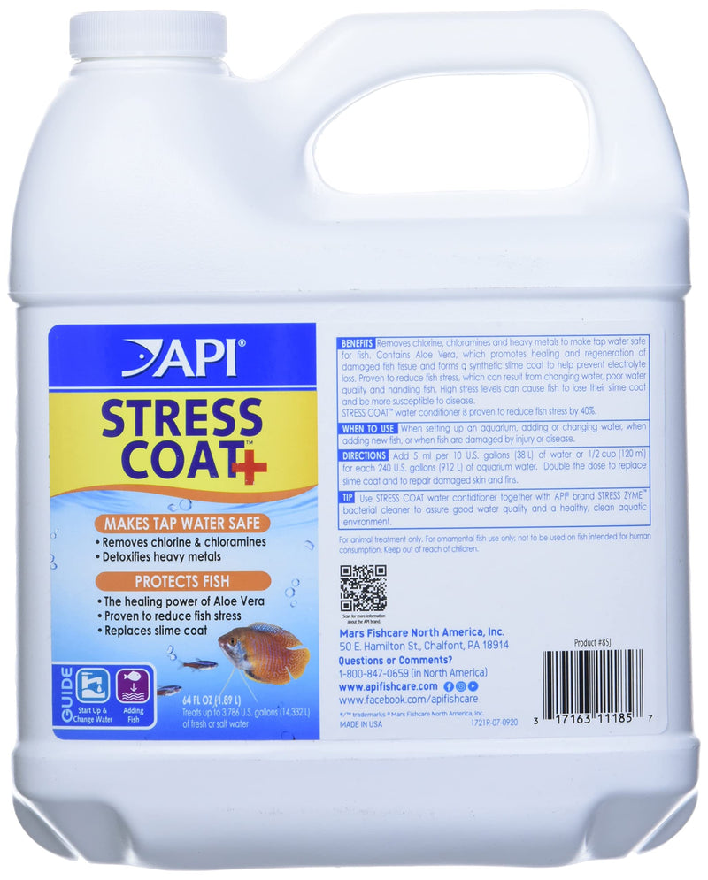 API Stress Coat+ water conditioner bottle showing blue and yellow label with fish illustration