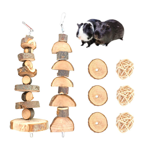 Natural wood chew toys with two guinea pigs - hanging kebabs, round discs, and woven balls