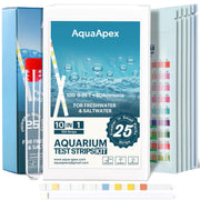 AquaApex 10-in-1 aquarium test strips kit box with colorful parameter chart and 150 strips