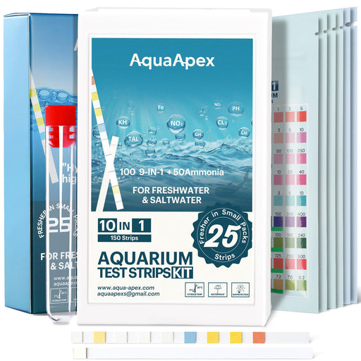 AquaApex 10-in-1 aquarium test strips kit box with colorful parameter chart and 150 strips