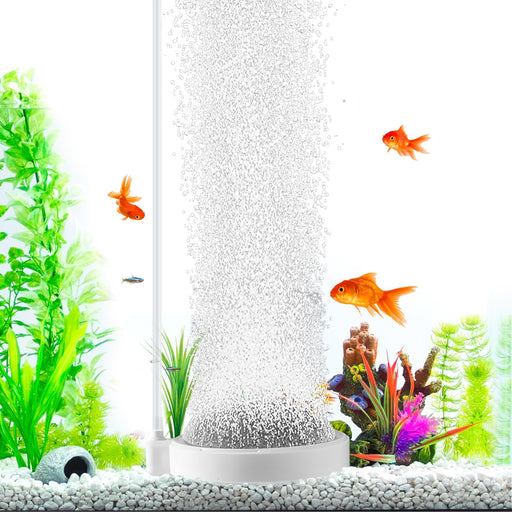 White cylindrical aquarium air stone creating bubble column with goldfish and green plants