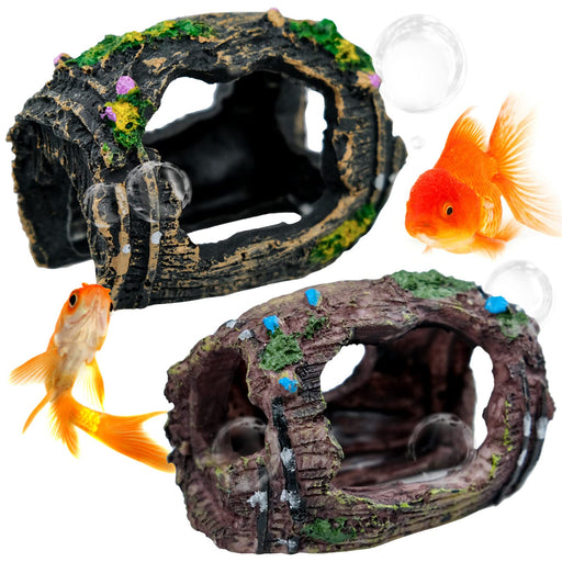 Two broken barrel aquarium caves with orange goldfish swimming nearby against white background