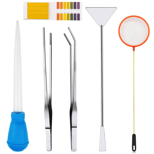 Six aquarium cleaning tools laid out including pH strips, pipette, tweezers, funnel and magnifier