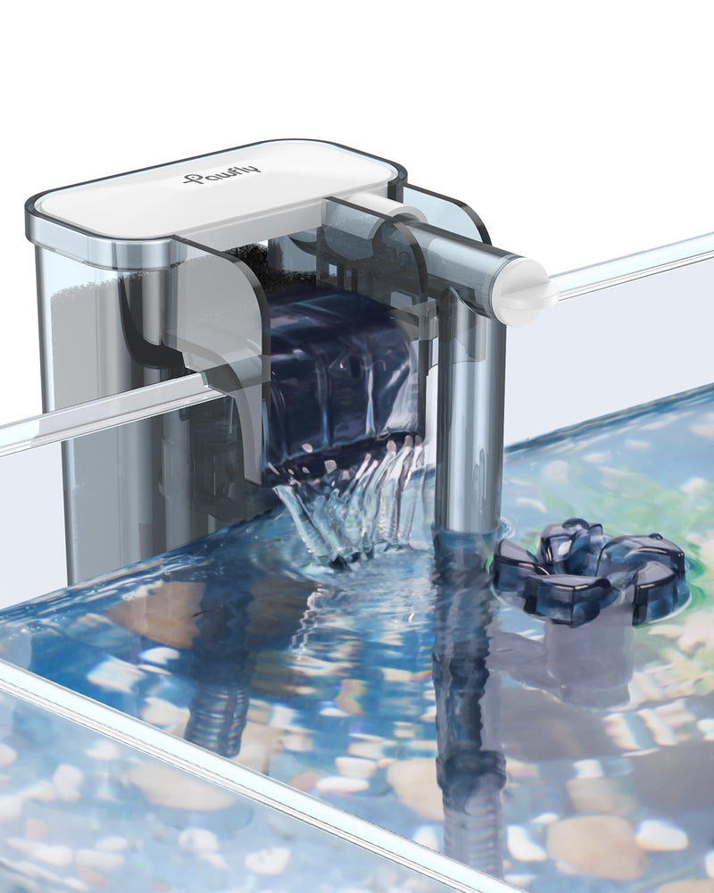 Cross-section view of hang-on aquarium filter showing internal water flow and filtration system
