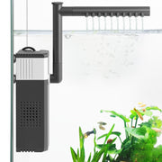 Black submersible aquarium filter with spray bar attachment in planted fish tank setup