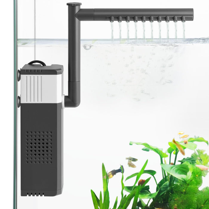 Black submersible aquarium filter with spray bar attachment in planted fish tank setup