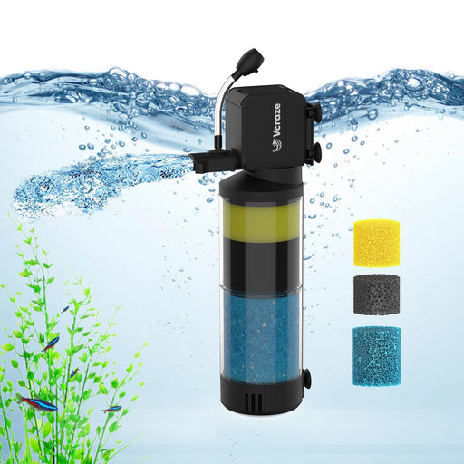 Three-stage aquarium filter with colorful foam layers and replacement filter media sponges