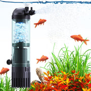 Black cylindrical aquarium filter with blue bio-media chamber surrounded by goldfish and aquatic