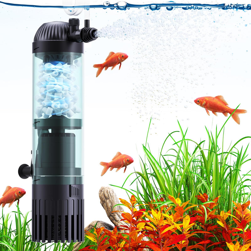 Black cylindrical aquarium filter with blue bio-media chamber surrounded by goldfish and aquatic