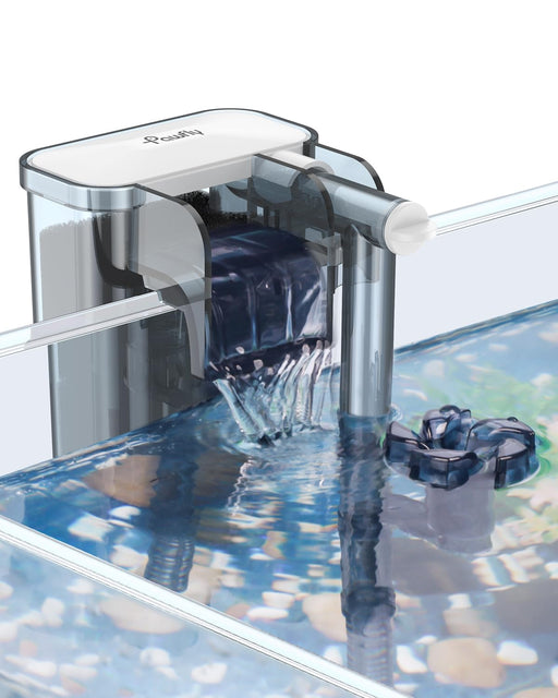 Clear aquarium hang-on filter with blue impeller showing water cascade into fish tank
