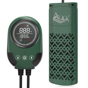 Green digital aquarium heater with controller showing temperature display and cylindrical heater