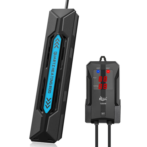 Black aquarium heating rod with blue labeling next to digital temperature controller