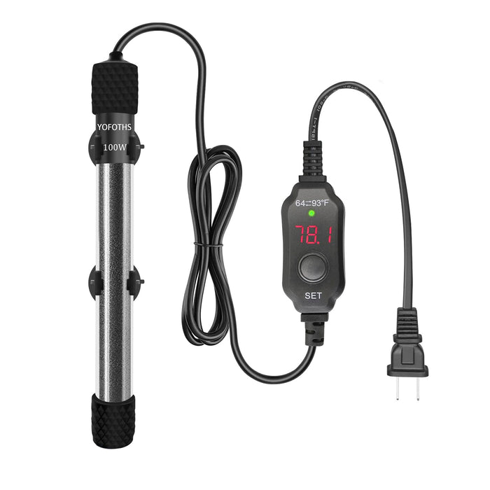 Black aquarium heater with digital temperature controller displaying 78.1°F connected by cord