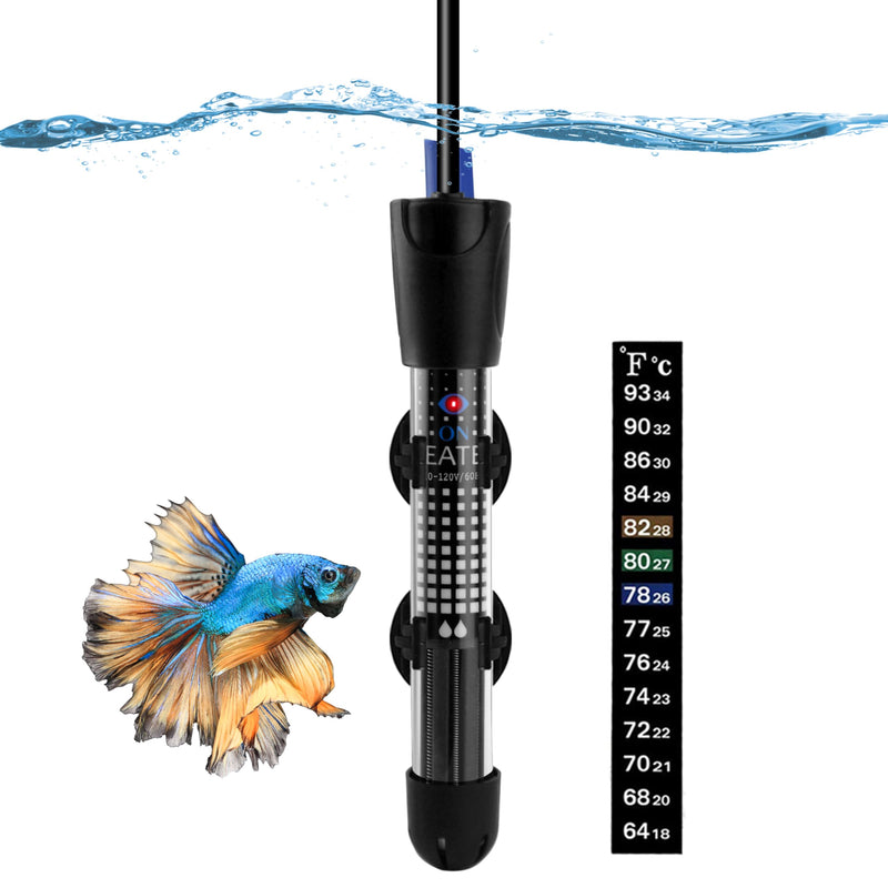 Black aquarium heater submerged underwater with colorful betta fish and temperature scale display