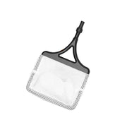 White mesh aquarium cleaning net with black plastic handle shown at an angle