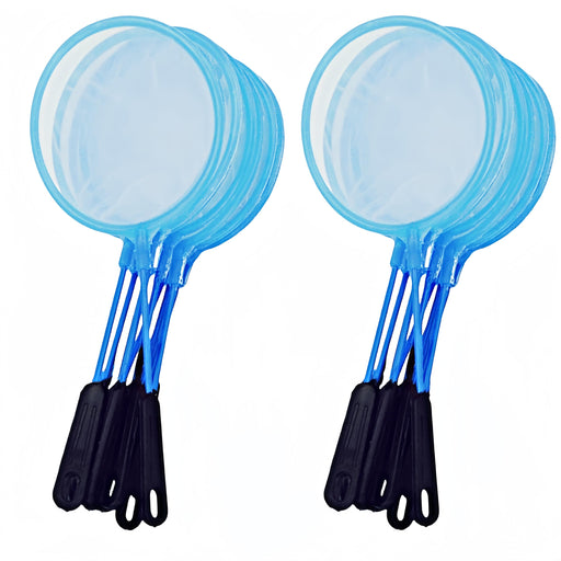 Two blue aquarium cleaning nets with black handles and transparent mesh heads on white background