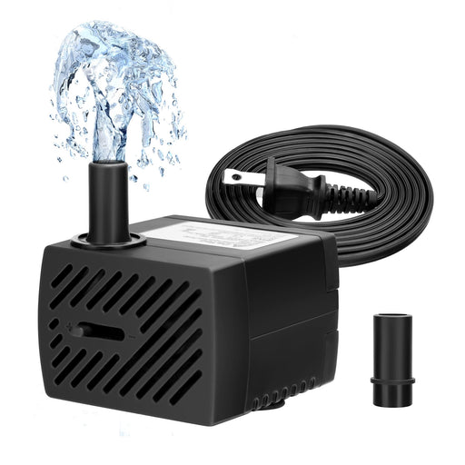 Black submersible water pump with fountain nozzle creating water spray, power cord and adapter shown