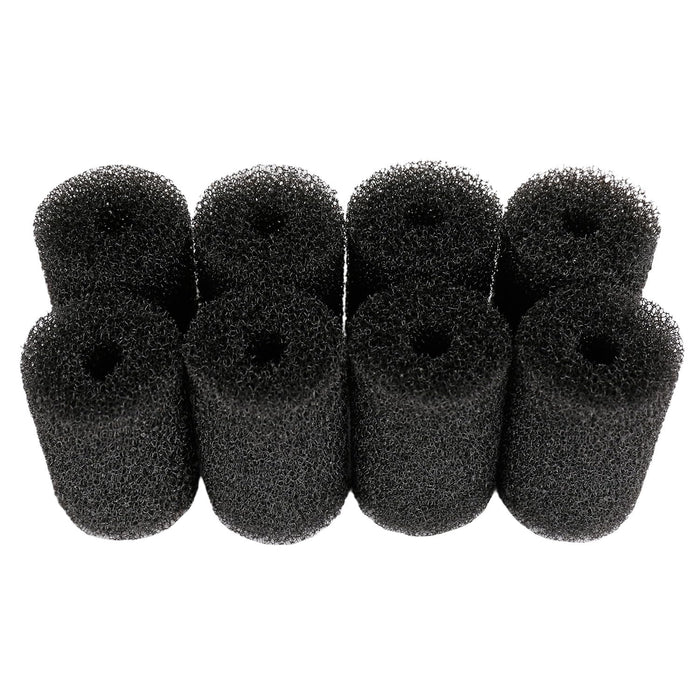 Eight black foam pre-filter sponges arranged in two rows showing their cylindrical shape
