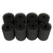 Eight black foam pre-filter sponges arranged in two rows showing their cylindrical shape