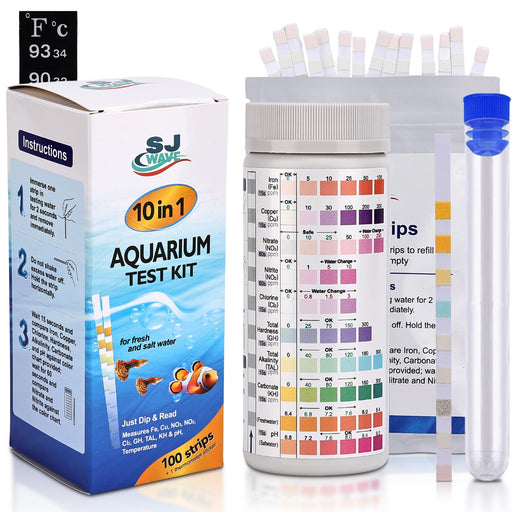 10-in-1 aquarium test kit box with colorful test strips and color chart showing water parameters