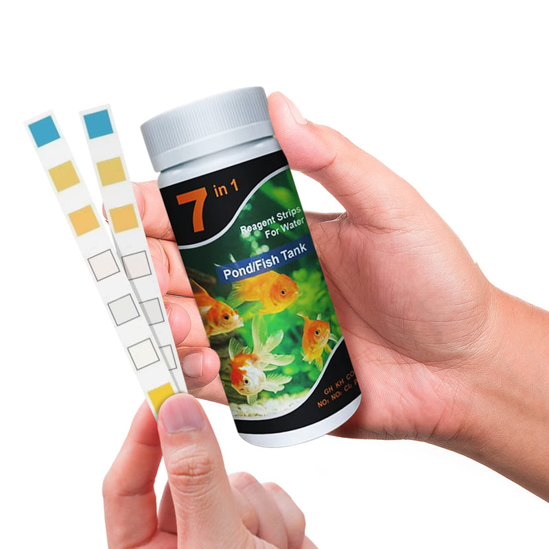 Hands holding aquarium test strip bottle with colorful test strips showing 7-in-1 water testing