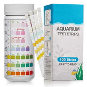 Aquarium test strips bottle with color chart and blue packaging box showing 100 strips