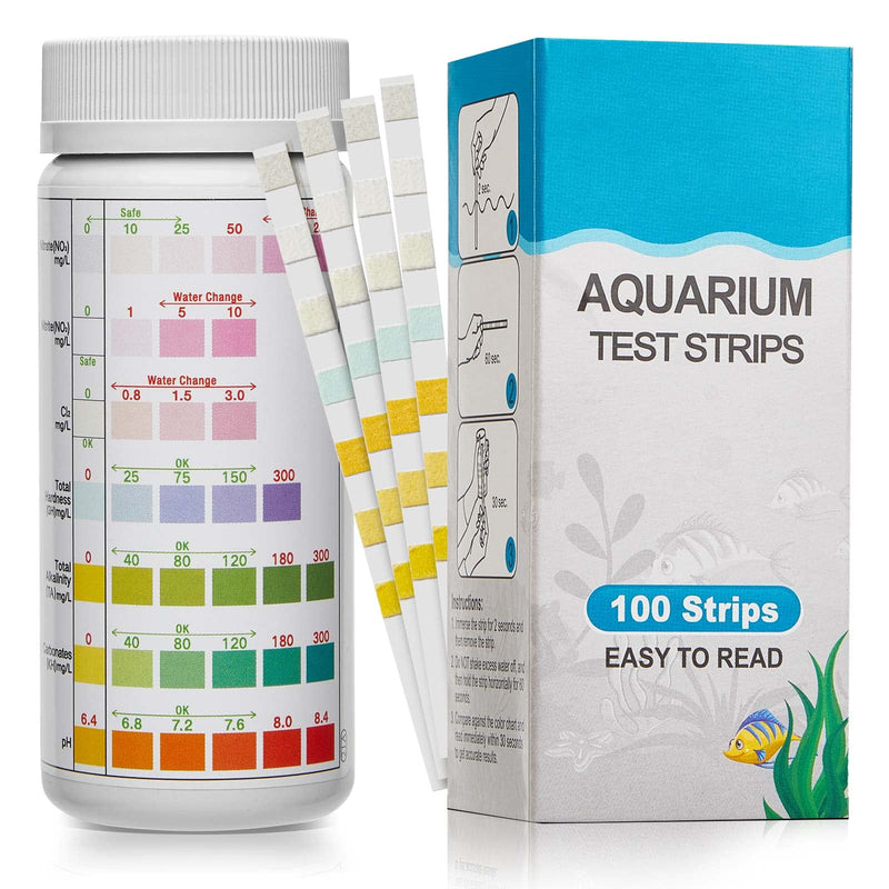 Aquarium test strips bottle with color chart and blue packaging box showing 100 strips