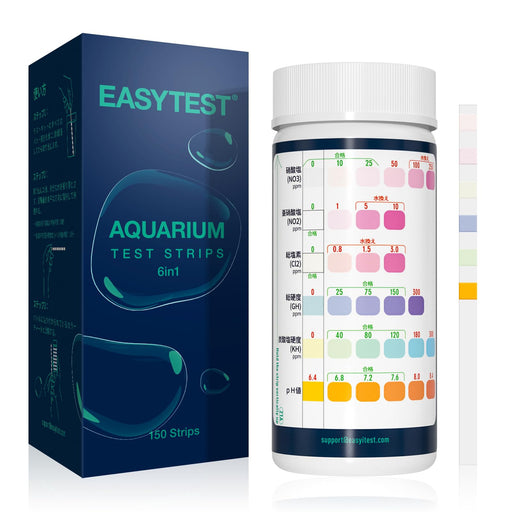 EASYTEST aquarium test strips box and bottle with color chart showing 6-in-1 water testing kit