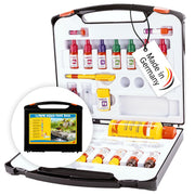 Open aquarium water test kit case showing colorful reagent bottles and testing supplies