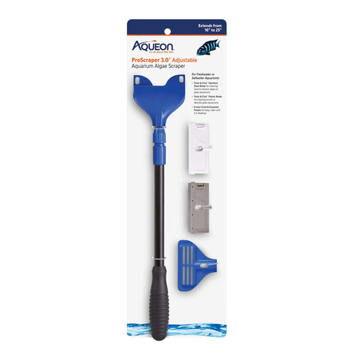 Aqueon ProScraper 3.0 adjustable aquarium algae scraper with blue handle and multiple blade