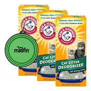 Three Arm & Hammer cat litter deodorizer boxes with green collapsible bowl on orange packaging