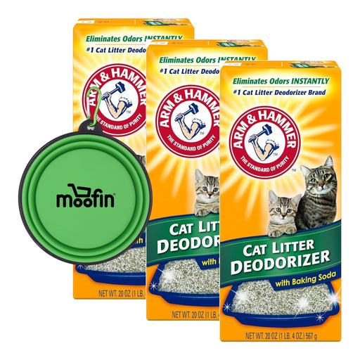 Three Arm & Hammer cat litter deodorizer boxes with green collapsible bowl on orange packaging