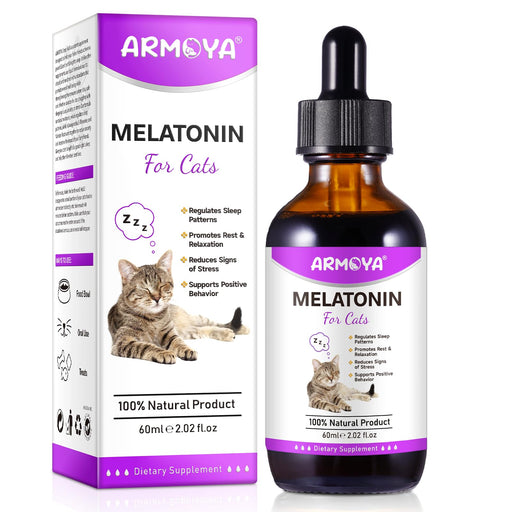 ARMOYA melatonin for cats liquid supplement bottle with dropper and purple packaging box