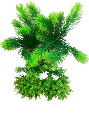 Green artificial aquarium plants with feathery and moss-like textures on white background