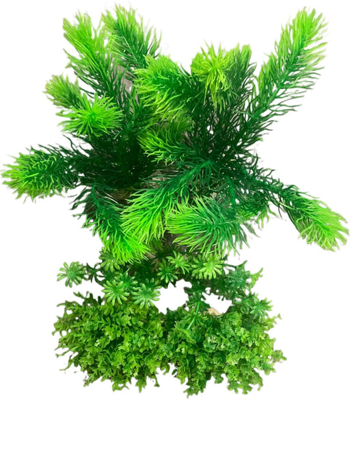 Green artificial aquarium plants with feathery and moss-like textures on white background