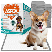 ASPCA training pads package with happy corgi sitting on pad, showing 150-count box and features