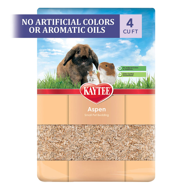 Kaytee Aspen small pet bedding package showing natural wood shavings with rabbit and guinea pig