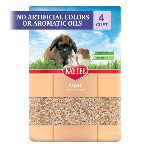Kaytee Aspen small pet bedding package showing natural wood shavings with rabbit and guinea pig