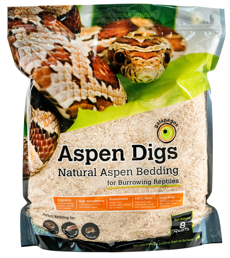 Aspen Digs natural reptile bedding package with snake image and product details on front