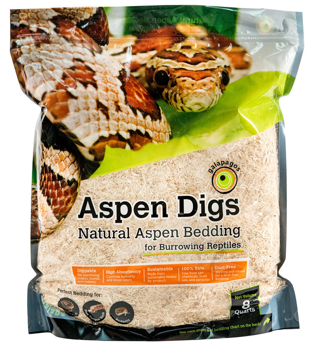 Aspen Digs natural reptile bedding package with snake image and product details on front