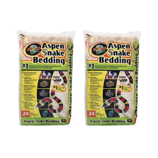 Two packages of Zoo Med Aspen Snake Bedding showing colorful labels with snake images
