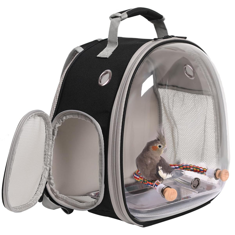 Clear astronaut bubble backpack with small gray cockatiel bird perched on colorful rope perch inside