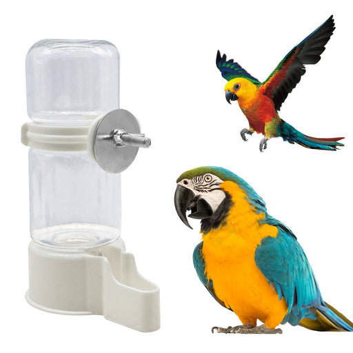 Clear plastic bird water dispenser with white base and metal mounting hardware next to colorful