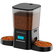 HoneyGuardian black automatic pet feeder with dual bowls and LCD display dispensing kibble
