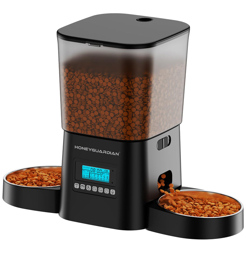 HoneyGuardian black automatic pet feeder with dual bowls and LCD display dispensing kibble