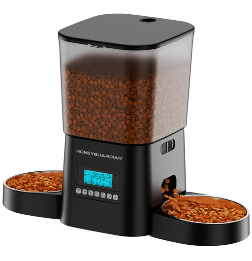 HoneyGuardian black automatic pet feeder with dual bowls and LCD display dispensing kibble